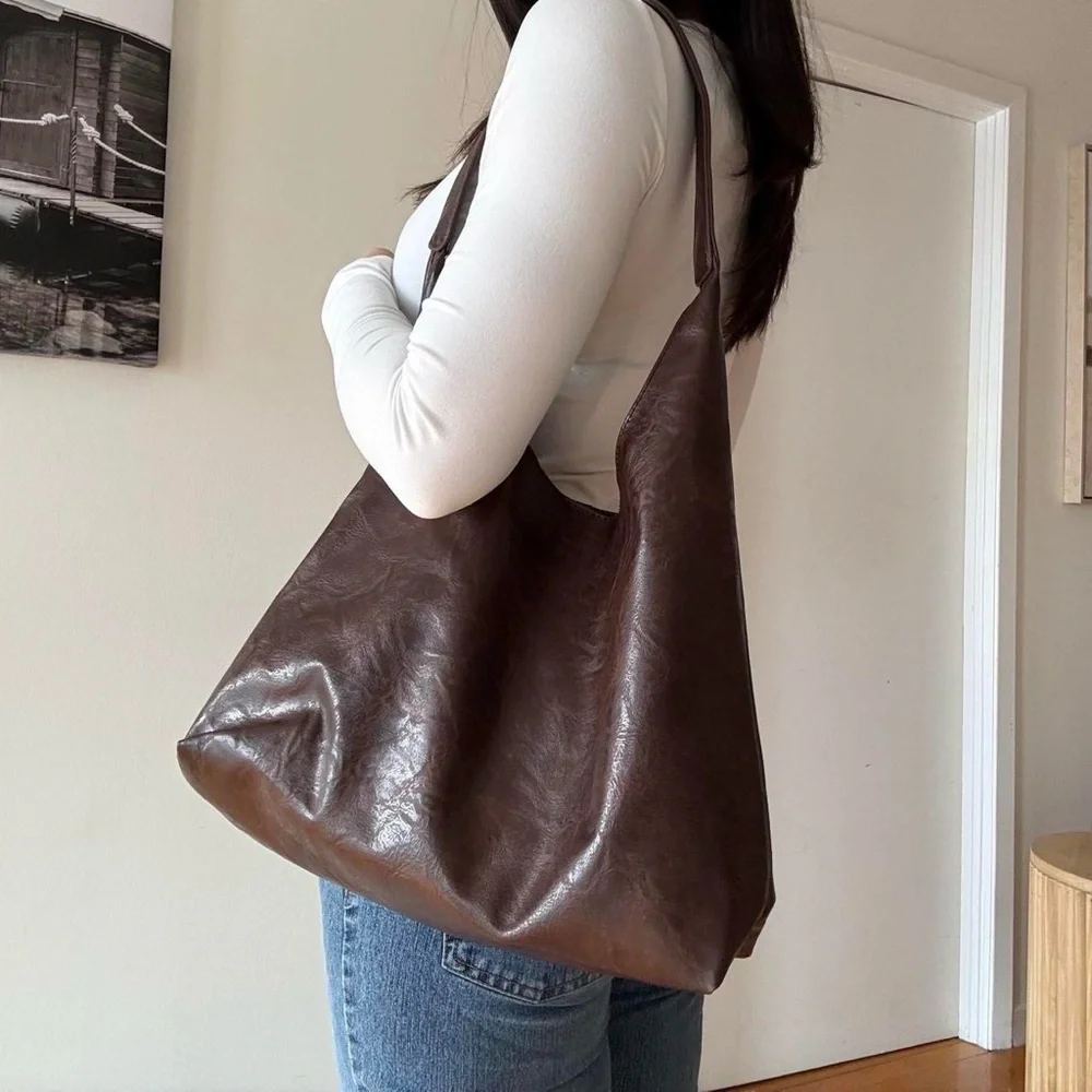 Brown faux leather minimalist tote hobo bag - Picture 1 of 6